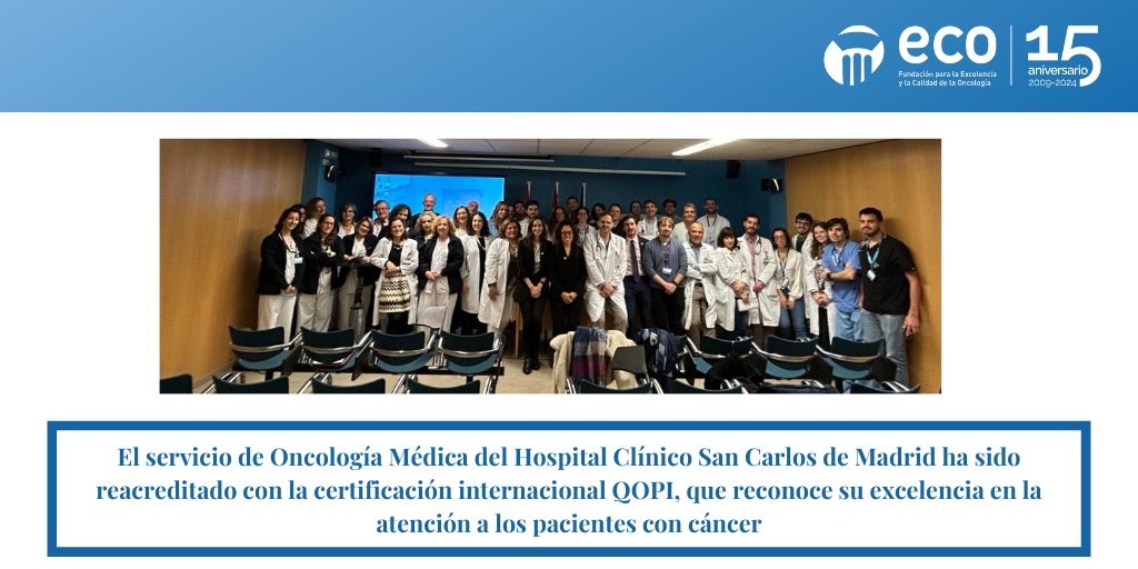 Fundación ECO (@fundacioneco) on Twitter photo 👏🎊 El Hospital Clínico San Carlos (<a href="/SaludMadrid/">Salud Madrid</a>) revalida su #excelencia en la calidad de su atención a los pacientes oncológicos
Nuestra más sincera enhorabuena al Servicio liderado por el Dr. <a href="/perezsegura09/">Pedro Perez Segura</a> por esta re-Certificación #QOPI, otorgada por <a href="/ASCO/">ASCO</a> y <a href="/FundacionECO/">Fundación ECO</a> 👏🎊 El Hospital Clínico San Carlos (<a href="/SaludMadrid/">Salud Madrid</a>) revalida su #excelencia en la calidad de su atención a los pacientes oncológicos
Nuestra más sincera enhorabuena al Servicio liderado por el Dr. <a href="/perezsegura09/">Pedro Perez Segura</a> por esta re-Certificación #QOPI, otorgada por <a href="/ASCO/">ASCO</a> y <a href="/FundacionECO/">Fundación ECO</a>