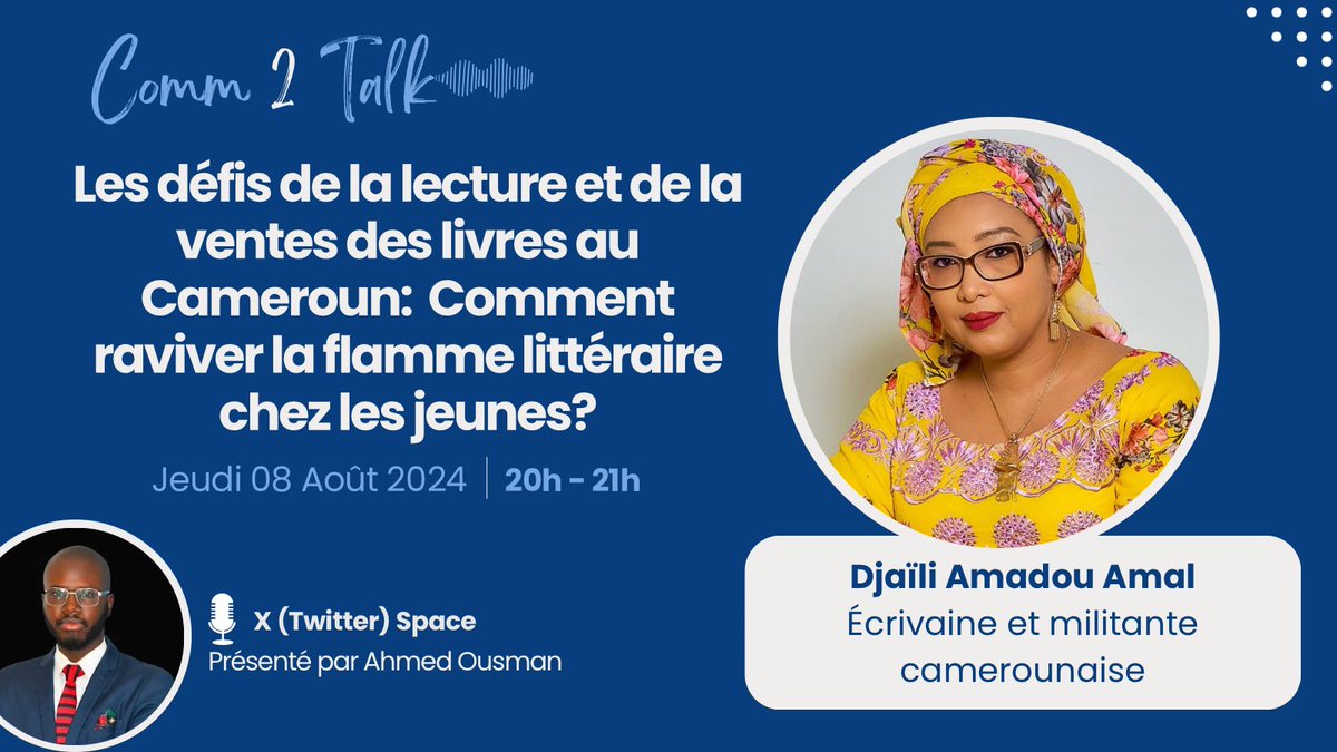📚✨ Et si on parlait de littérature cette semaine dans Comm 2 Talk ?🎙️

Les défis de la lecture et de la vente des livres au Cameroun : Comment raviver la flamme littéraire chez les jeunes ? 🎓🔥

Notre invitée spéciale : Djaïli Amadou Amal !

#Comm2Talk #Littérature #Lecture