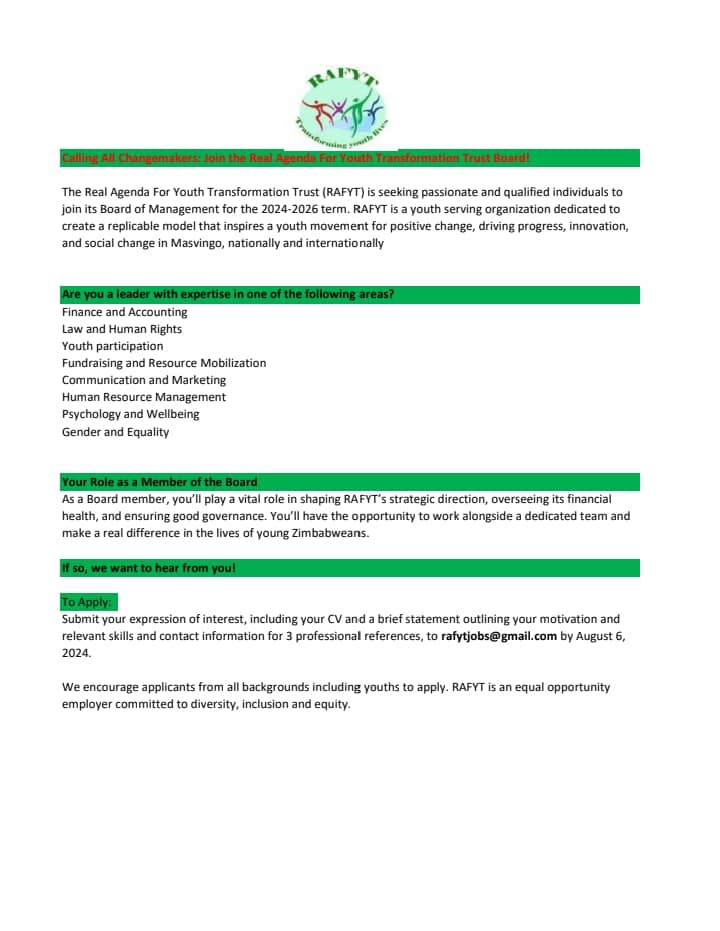rafyttrust's tweet photo. 📣Join us!!!!!!!!!!!
"Be a champion for youth! We're seeking dedicated board members to help drive our mission forward."
#section194 #Youth_SAID #Youth4Integrity #Youth4Transparency #youthinvolvement #Youth4SDGs #SIYA @youthdecidezim @UsaidZimbabwe @YetTrust @IMsweden @nayo https://t.co/jN0YtgWFx1