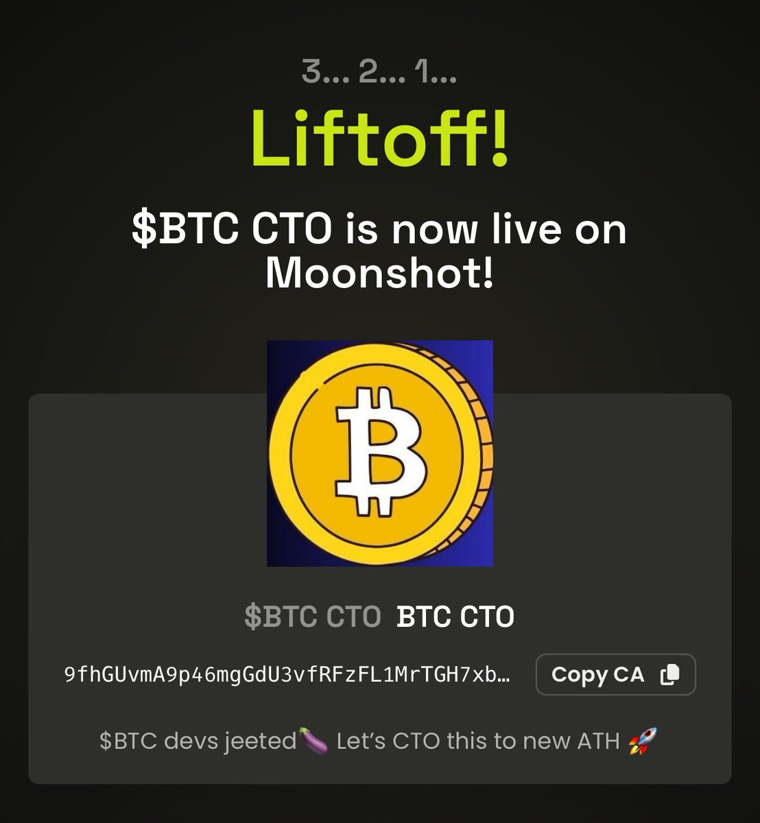 btcdevmoonshot's tweet photo. We are now live on $MOONSHOT 

Ca; 9fhGUvmA9p46mgGdU3vfRFzFL1MrTGH7xbiAhCB9fUsX

#Bitcoin #SolanaAirdrop #memes https://t.co/nHXu0ifhPf