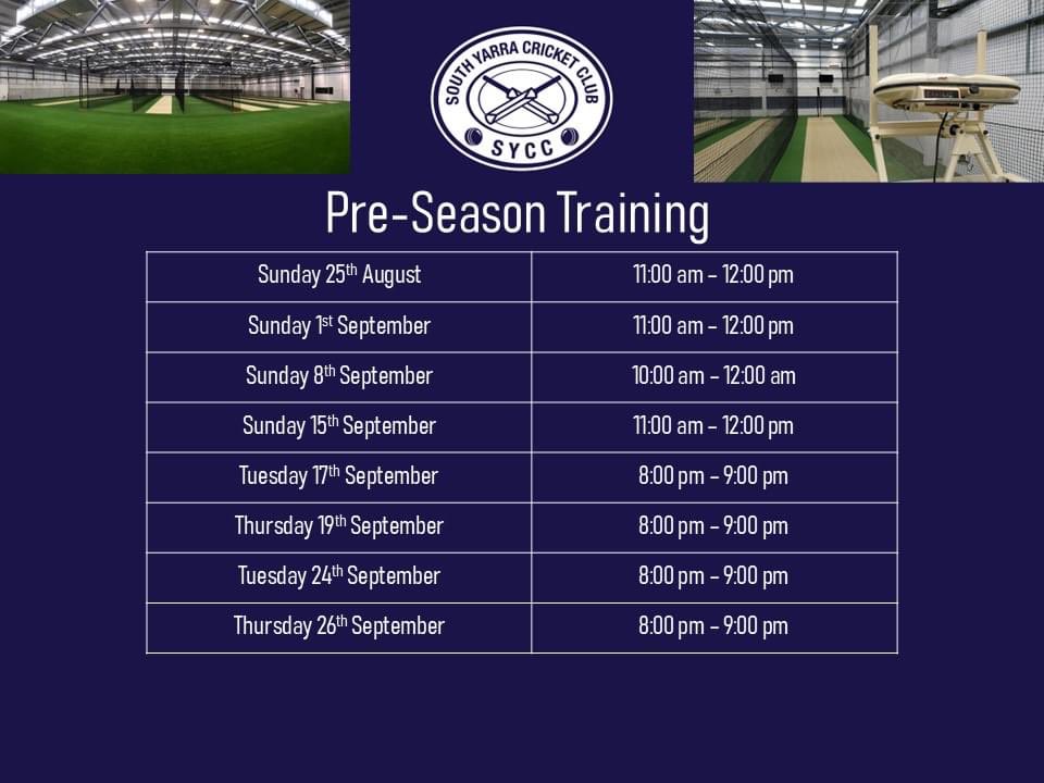 Time to start preparing for the defence of our three, yes three, flags from the 2023/24 season. Dates announced for <a href="/yarras/">South Yarra CC</a> pre-season training at the wonderful Junction Oval indoor nets. Everyone welcome, players new and old - c’mon down and take a look