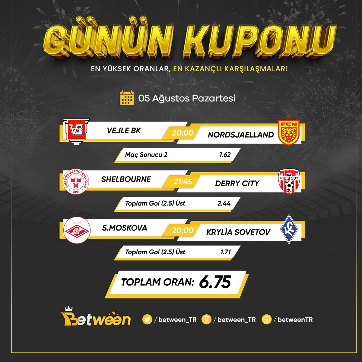 ⚡️GÜNÜN KOMBİNESİ ⚡️

😍 KUPON KAZANIRSA
5⃣0⃣ #FREEBET hediye

✅ <a href="/between_TR/">Between</a> takip
✅ RT + FAV
✅ Yoruma #Between etiketi ile KULLANICI ADINI yazmayı unutma
‼️ Son işlem şartı YOK!

⚡️ cutt.ly/between
