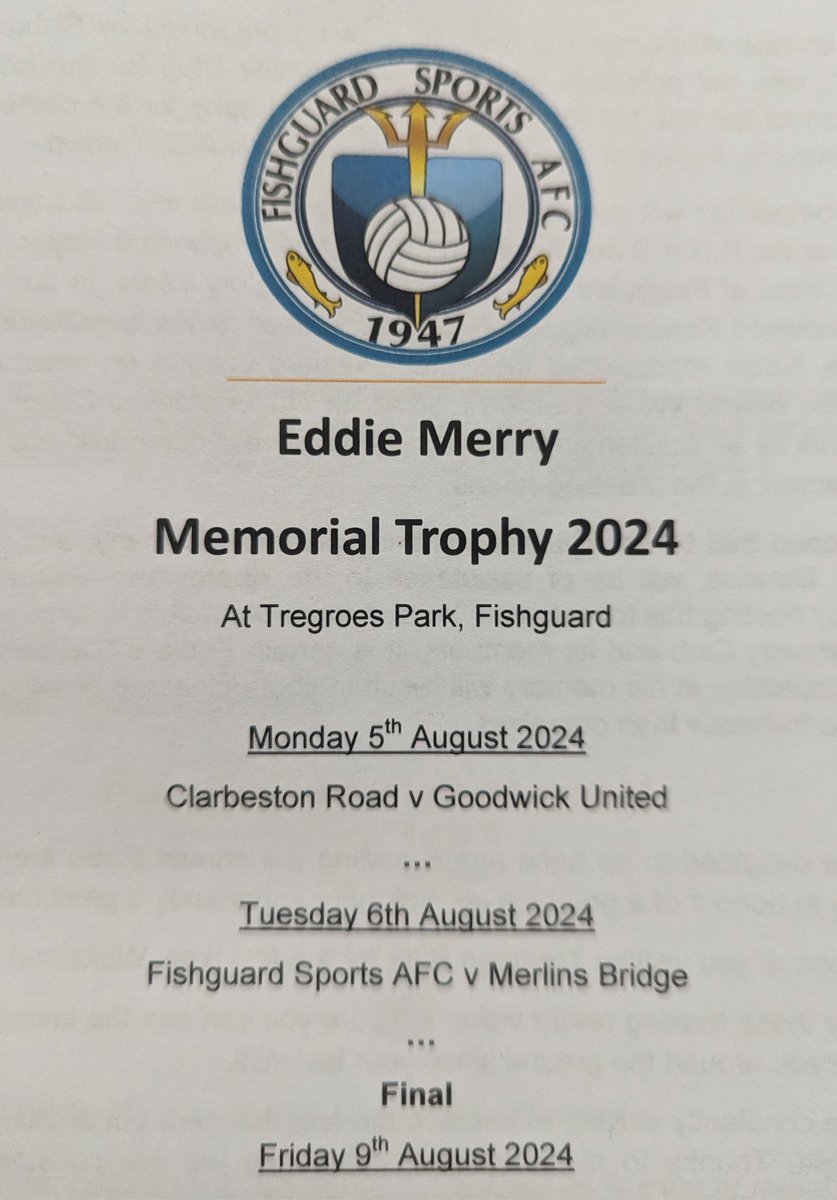 The Eddie Merry Memorial Trophy 🏆 

Tonight sees the first Semi-Final of the competition. 

<a href="/GoodwickUtd/">Goodwick United AFC</a> v <a href="/ClarbyRoadAFC/">Clarby Road Football</a>

There will be programmes available, along with hot food and drinks. 

Please come along and support.

⚪️🔵

<a href="/GordonThomas63/">Gordon Thomas</a> <a href="/FraserSport1/">Fraser Watson</a> <a href="/pembssport1/">Pembrokeshire Sport</a>