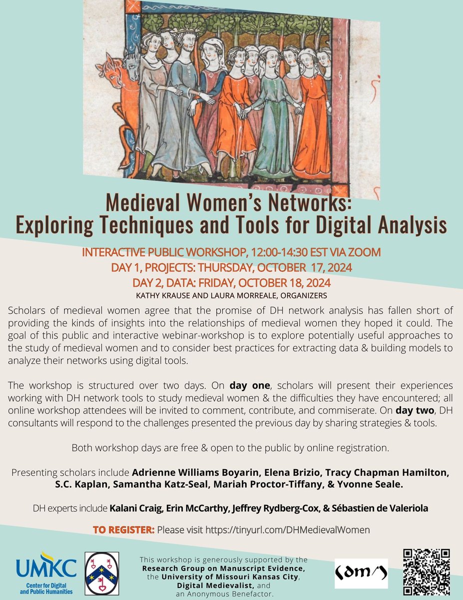 We are happy to co-sponsored the interactive public workshop 'Medieval Women’s Networks: Exploring Techniques and Tools for Digital Analysis', organised by Kathy Krause &amp; Laura Morreale (Online)
📅Oct 17-18, 12:00-14:30 EST
➡️To register: tinyurl.com/mun5rmhy