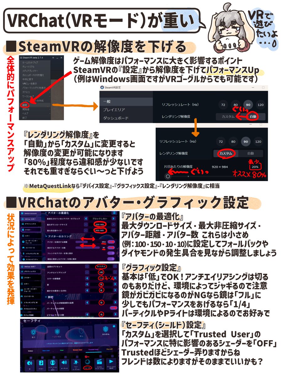 wantano_vrc's tweet photo. 【拡散希望】リポスト🔁して頂けると嬉しいです #VRChat 

SteamVRやVRChatの画質を落とすことで
PCVRプレイを軽くする内容です
混んだイベントなどで落ちちゃう人が増えた気がしたので
設定を１枚にまとめました

VRゴーグル買ったもののPCVRの動作が重くて
プレイに支障がある方に届いて欲しい🐱 https://t.co/vHHMUHuveE