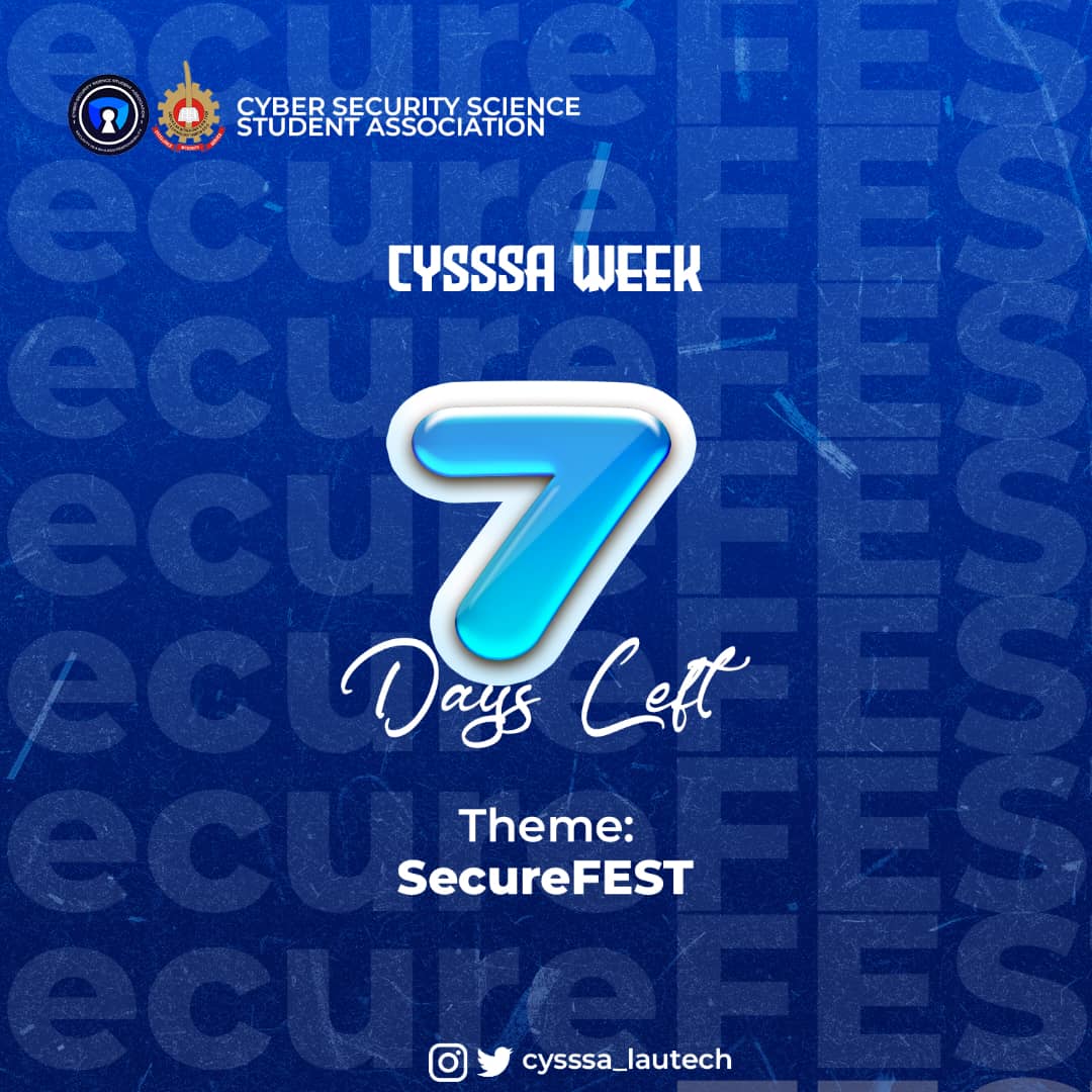 CYSSSA_lautech's tweet photo. Countdown to CYSSSA Week begins! ๐ Only 7 days left until SecureFEST kicks off. ๐ฅณ๐ฅณ๐ฅณ๐ฅณ
Get ready for a week of exciting events, insightful discussions, and networking opportunities.
Mark your calendars, and stay tuned for updates!
#SecureFEST #CYSSSAWeek https://t.co/4jr7aWrPiF