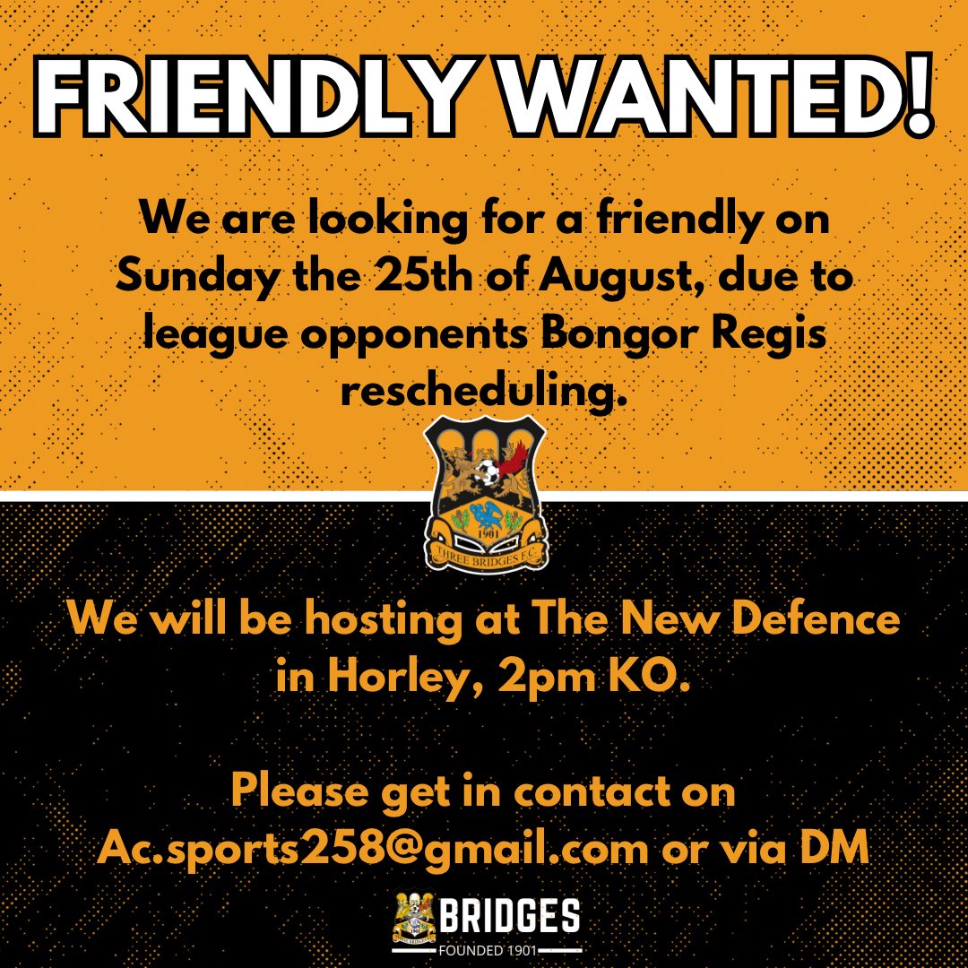 tbfc_women's tweet photo. 🚨 𝐅𝐑𝐈𝐄𝐍𝐃𝐋𝐘 𝐖𝐀𝐍𝐓𝐄𝐃 🚨

We are looking for a friendly on the 𝟮𝟱𝘁𝗵 𝗼𝗳 𝗔𝘂𝗴𝘂𝘀𝘁, 𝟮𝗽𝗺 𝗞𝗢.

Please get in touch to show your interested 📲

@HeyBroadband | #UpTheBridges🧡🖤 https://t.co/X5zoxEBiom
