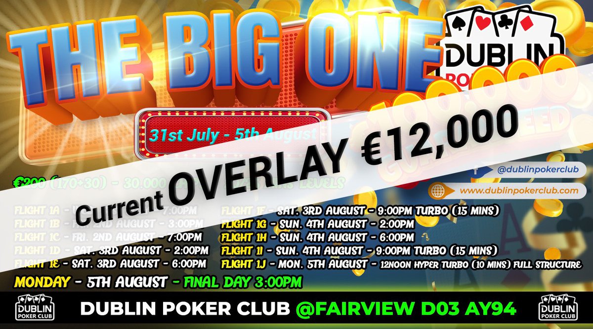 dublinpokerclub's tweet photo. FINAL CALL FINAL CALL

Last chance to get involved in THE BIG ONE our final flight takes to the felt at 12 noon today, this flight carries the full structure with 10 minute blind levels, registration is open from 11:30am and late registration will remain open until 1:30pm. https://t.co/CDUVIcEI32