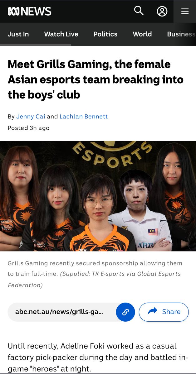 Thank you <a href="/abcnews/">ABC News</a> @abcaustralia for sharing the stories of our amazing female players who are paving the way for a more inclusive esports scene. All the best! <a href="/ecilaaurora/">ecilaaurora</a> <a href="/olingesports/">Tiffani 'Oling' Lim</a> <a href="/istarx/">istarx</a> 

Link to full article:
abc.net.au/news/2024-08-0…

#TKesportsSEA #Dota2 #Dota2Malaysia