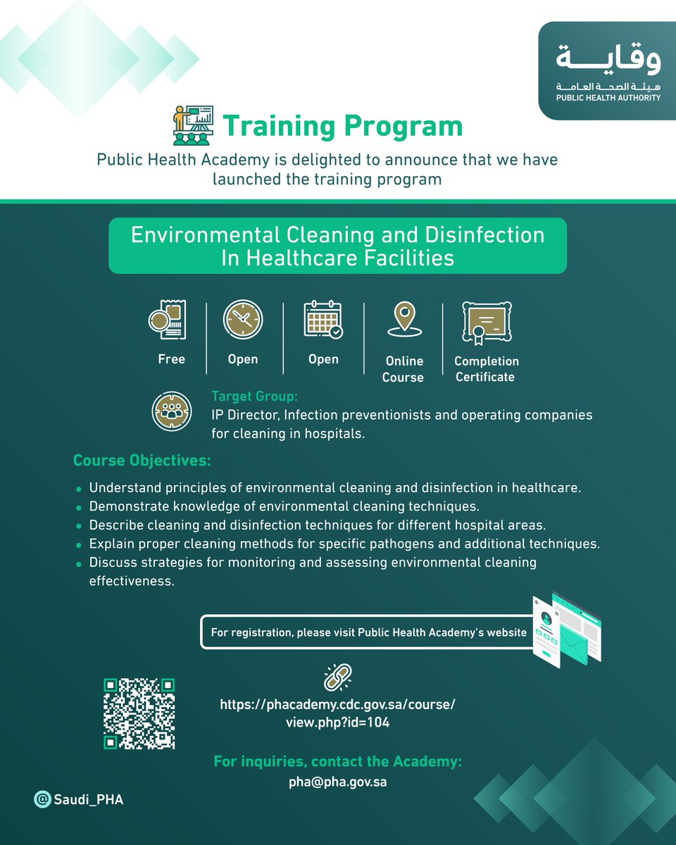 Saudi_PHA's tweet photo. يسر #أكاديمية_الصحة_العامة أن تعلن عن بدء التسجيل للبرنامج التدريبي الجديد بعنوان ”Environmental Cleaning and Disinfection In Healthcare Facilities"

للتسجيل:
https://t.co/rEBbCRoGdm

#هيئة_الصحة_العامة #وقاية https://t.co/ifaTGvyYxy