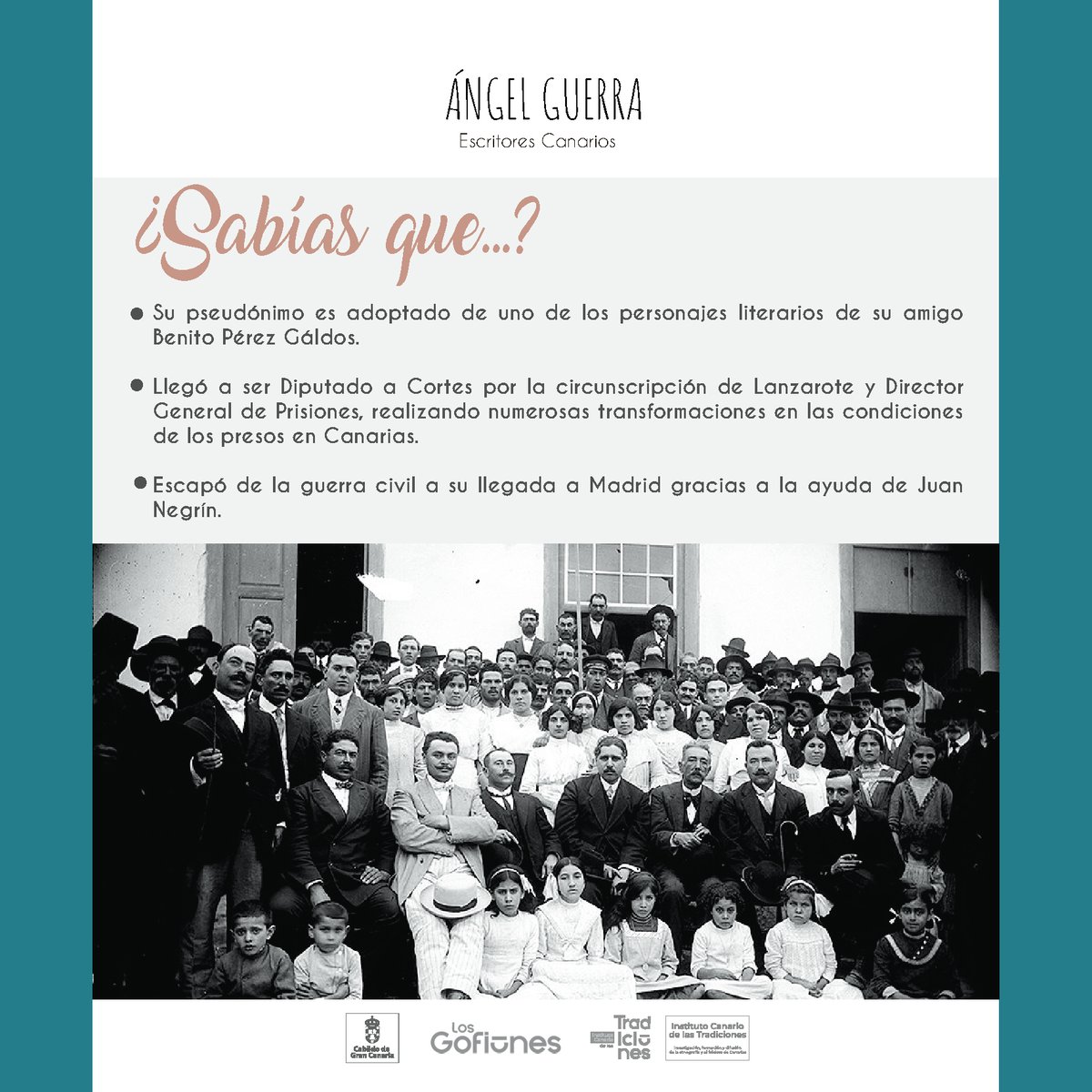 Hoy les queremos traer a uno de los escritores canarios más destacados, motivo por el cual el Gobierno de Canarias durante este 2024 rinde homenaje a Ángel Guerra en el Día de las Letras Canarias.
#ictradiciones #ángelguerra <a href="/LosGofiones/">Los Gofiones</a> <a href="/GranCanariaCab/">Cabildo Gran Canaria</a>