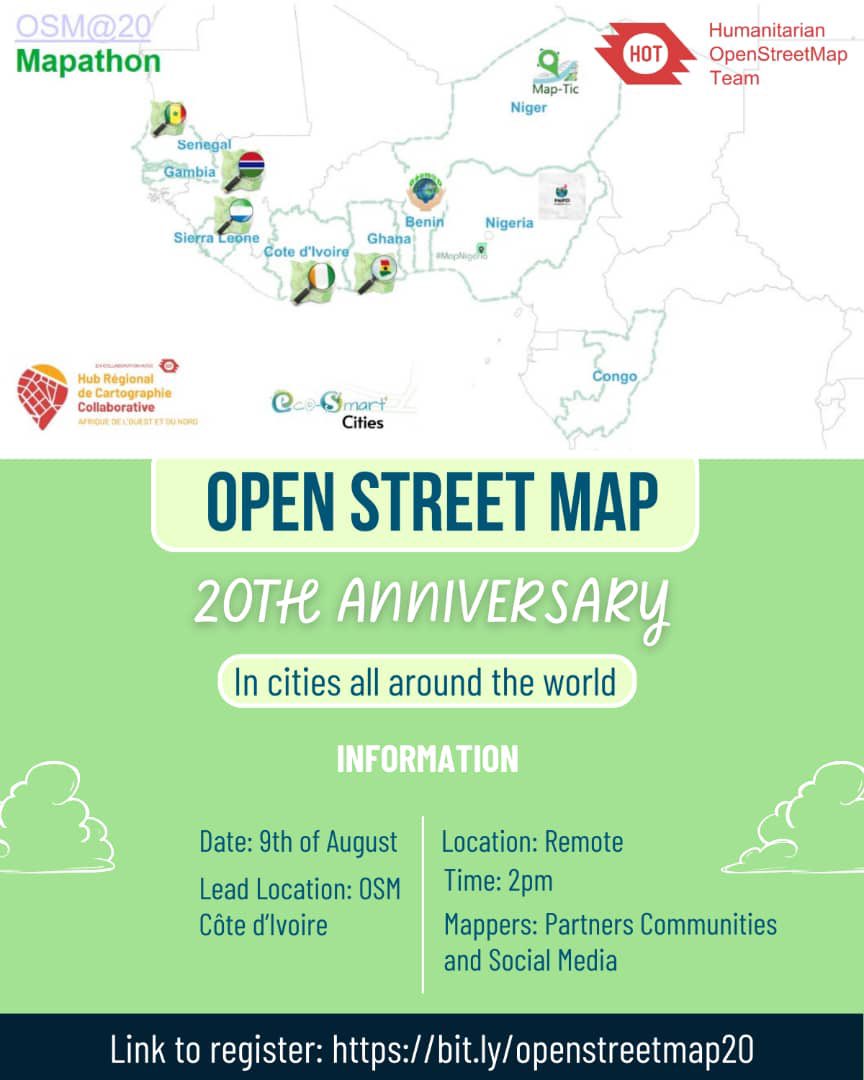 OpenStreetMap <a href="/20/">20</a> 🔥🔥🔥
Register here bit.ly/openstreetmap20 to join the mapathon that is scheduled to hold on August 9, 2024🔥🔥🔥 Don’t miss it

 <a href="/Dantaria/">Ayo Akinseye</a> <a href="/OSMNigeria/">OpenStreetMap NG</a> #wnah #mapnigeria #afriquespatial 
<a href="/hotosm/">Humanitarian OpenStreetMap Team</a> <a href="/openmapping_wna/">Open Mapping Hub - West and Northern Africa</a> #esc2023 #escnigeria #Map4Climate