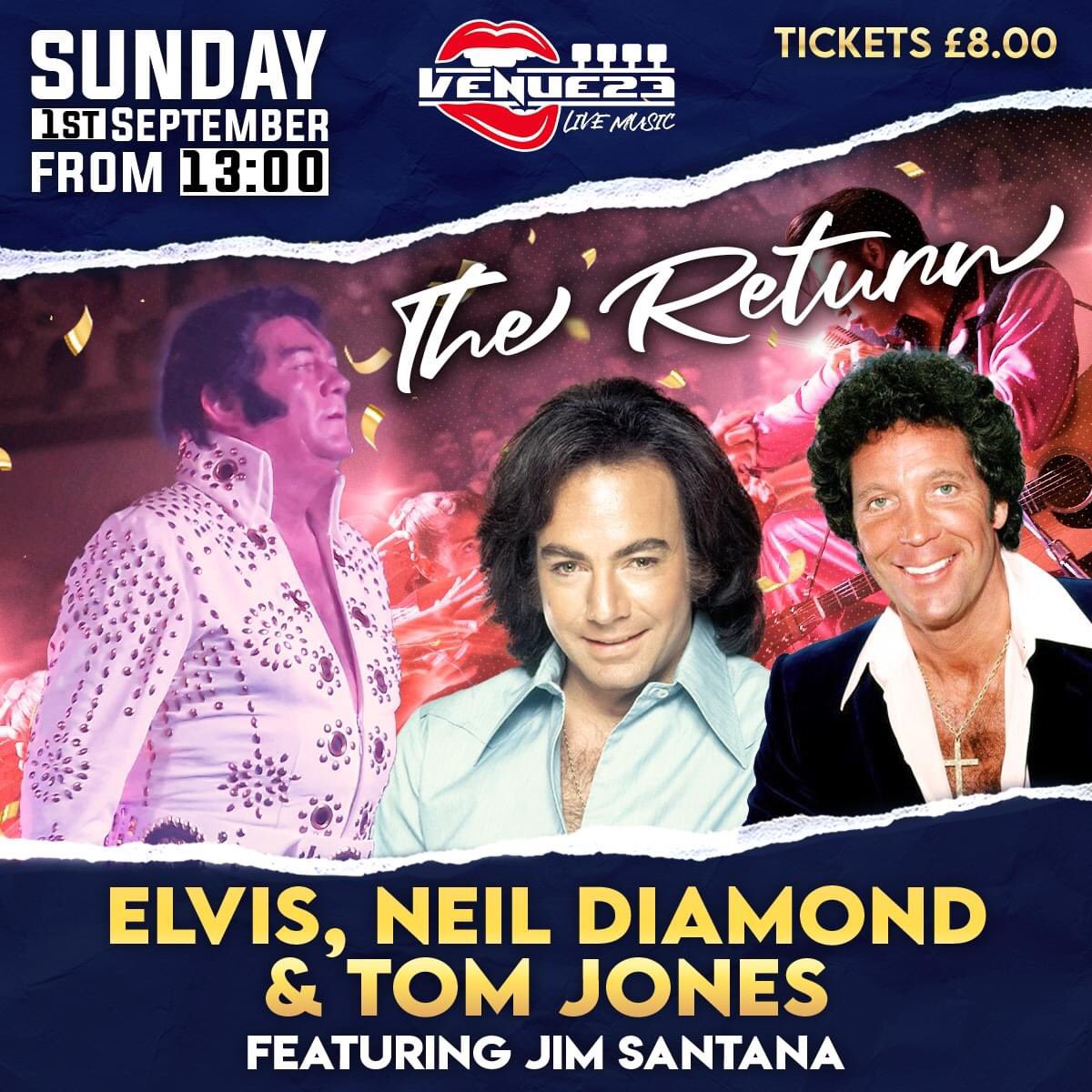 Sunday 1st Sept 2024 13.00. 
Jim Santana returns with these three legendary icons: Elvis Presley, Neil Diamond, and Tom Jones! 🥳🎶
join us for a day of timeless music and unparalleled entertainment! 🎉

Tickets👉 ticketsource.co.uk/whats-on/wakef…