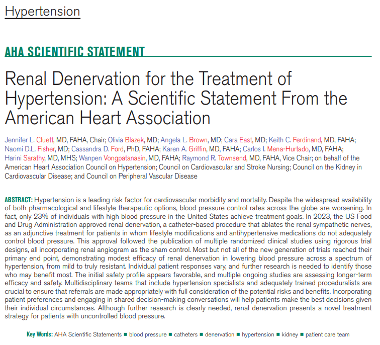 Renal denervation therapy has a favorable safety profile with a very low incidence of major adverse events.

✍🏽 <a href="/kcferdmd/">Keith C. Ferdinand, MD, FACC, FAHA, FNLA</a> <a href="/CarlosMenaYale/">Carlos Mena</a> <a href="/DrWanpen/">Wanpen Vongpatanasin</a> <a href="/OliviaBlazek/">Olivia Blazek, MD</a> <a href="/hurryknee/">Harini Sarathy</a> <a href="/AngelaBrownMD/">Angela B</a> <a href="/jenniferlcluett/">Jennifer Cluett, MD</a> <a href="/Mu_AHAscience/">Mu Huang, PhD, DPT</a> <a href="/K_SheehanPhD/">Katherine Sheehan, PhD</a>