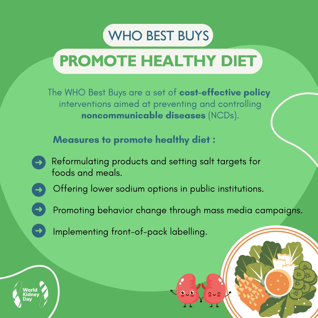 Maintaining a healthy diet helps prevent kidney diseases. Discover the WHO Best Buys for effective health strategies. 
#WorldKidneyDay #KidneyHealthForAll  
@who