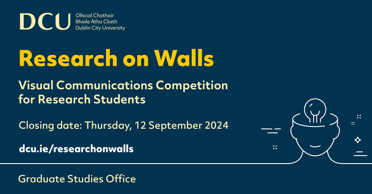 Calling all DCU Postgraduate Research Students!
The DCU Graduate Studies Office <a href="/DCUGradStudies/">DCU Graduate Studies Office 🎓</a> Research on Walls abstract call is now open.
Submit a photo of your research with a title &amp; 150-word abstract to participate.
More info: dcu.ie/graduatestudie…