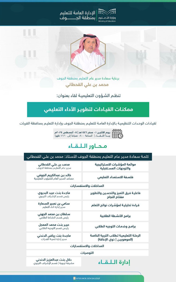 شدد المدير العام لإدارة #تعليم_الجوف على أهمية فرق التحسين والتطوير والدعم في تمكين المدرسة، والرفع من المستوى العلمي للطلبة، واستعرض في اللقاء الذي نظمه قسم الإشراف التربوي بمشاركة المساعدين وقيادات الوحدات التنظيمية في إداراتي #تعليم_الجوف و #تعليم_القريات مؤشرات اختبارات نافس