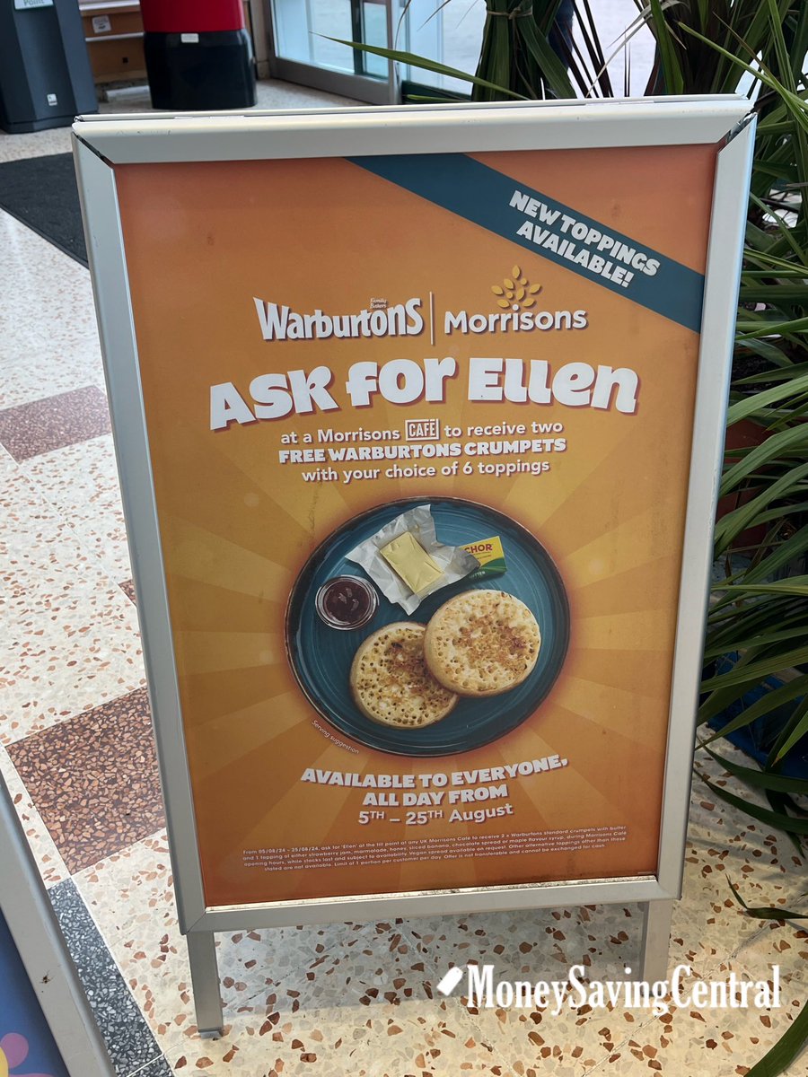 🔥 FREE BREAKFAST AT MORRISONS 🔥 ‘Ask for Ellen’ is BACK at Morrisons’ café 
👉  moneysavingcentral.co.uk/freebies/morri…
Simply 'Ask for Ellen' and receive a portion of two standard crumpets with a choice of butter and jam, marmalade, honey, banana, chocolate spread, or maple-flavoured syrup