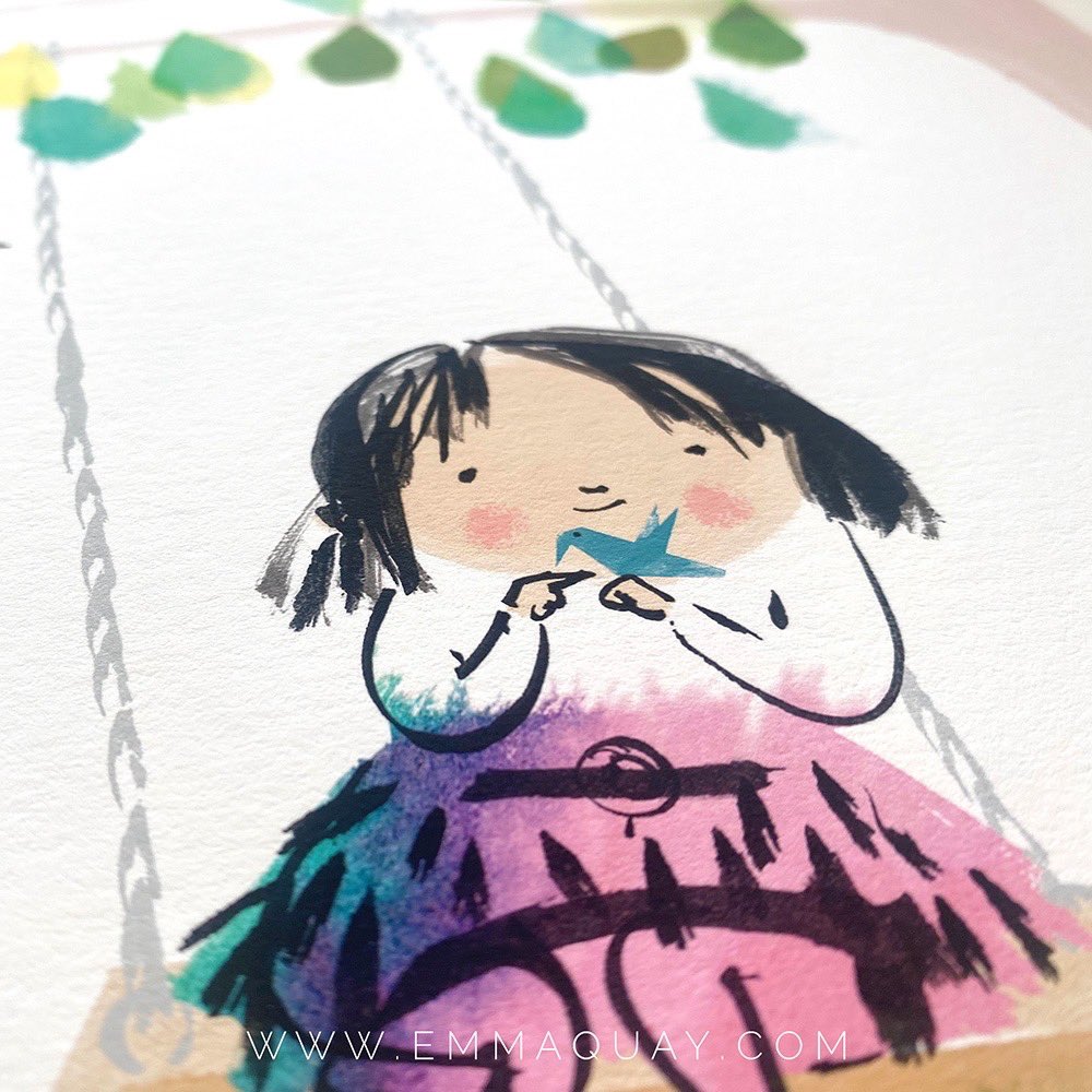 "Swing". One little girl and her origami bird. 🤍 I'm not sure he'd last long in that bird bath! 💦 The 4th limited edition print in my new series from HAPPY ALL OVER — emmaquay.com/prints-shop/... — I hope you like them!
#kidlitart #illustration