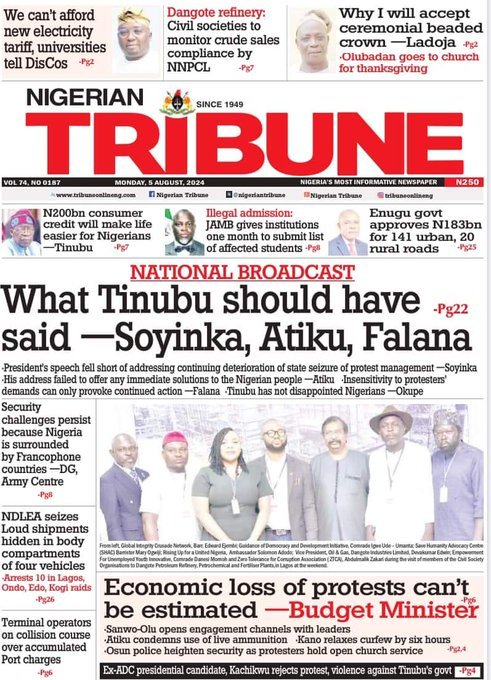 standard_ngr's tweet photo. 9. Nigerian Tribune
- Economic loss of protests can't be estimated
10. Headlines
- Suspend protests, embrace dialogue - Tinubu enjoins protesters
Tags: National Broadcast I #UKRiots I #Ukraine I #ukprotest #ukrainianairforce I #GoldenTextFlozen I #OccupyAbia #Olympics2024 I https://t.co/BHGeP2Od55