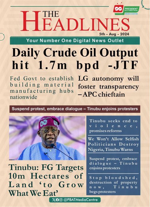 standard_ngr's tweet photo. 9. Nigerian Tribune
- Economic loss of protests can't be estimated
10. Headlines
- Suspend protests, embrace dialogue - Tinubu enjoins protesters
Tags: National Broadcast I #UKRiots I #Ukraine I #ukprotest #ukrainianairforce I #GoldenTextFlozen I #OccupyAbia #Olympics2024 I https://t.co/BHGeP2Od55