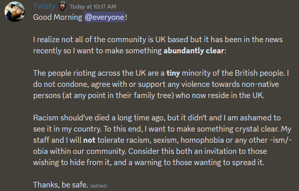 TwistyShape's tweet photo. This is a message from my Discord which needs to be echoed here.

We, as creators, are listened to by tens, hundreds and thousands. Use your voice for something good. https://t.co/eRU1yDCKTP