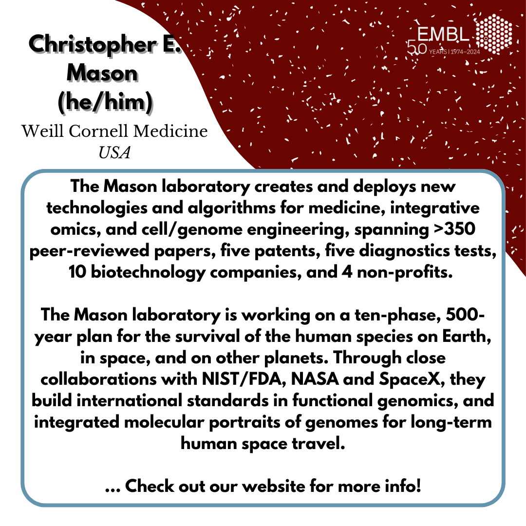 EMBLPhDSymp's tweet photo. We expand the meaning of #biologyoutsidethebox by looking #BeyondEarth with our speaker Christopher Mason (@mason_lab)!

The Mason Lab is working on a ten-phase, 500-year plan for reengineering biological systems for life on other worlds! https://t.co/xaxUzKkNgS