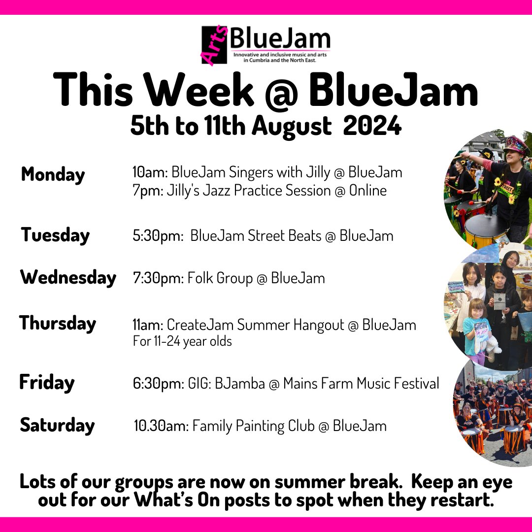 BlueJam Arts CIC (@bluejamarts) on Twitter photo Here's what's on at BlueJam this week! We're particularly looking forward to our CreateJam Summer Hangout on Thursday (11am-2pm) - a great free opportunity for 11-24 yr olds to be creative. E-mail createjam@bluejamarts.org for more info and to let us know that you'll be there ☺ Here's what's on at BlueJam this week! We're particularly looking forward to our CreateJam Summer Hangout on Thursday (11am-2pm) - a great free opportunity for 11-24 yr olds to be creative. E-mail createjam@bluejamarts.org for more info and to let us know that you'll be there ☺