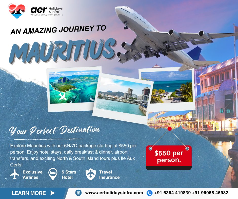 aerholidays's tweet photo. 🌴✨ Discover Mauritius! 🌊 6 Nights/7 Days from USD 550! Includes:

6 Nights Hotel Stay
Breakfast &amp; Dinner 🍽️
Tours: North &amp; South Island, Ile Aux Cerf 🚤
Book now: https://t.co/KlpyaEuWuB 🏝️

#Mauritius #TravelDeal #Vacation #IslandGetaway #Travel https://t.co/K9OXweIZug