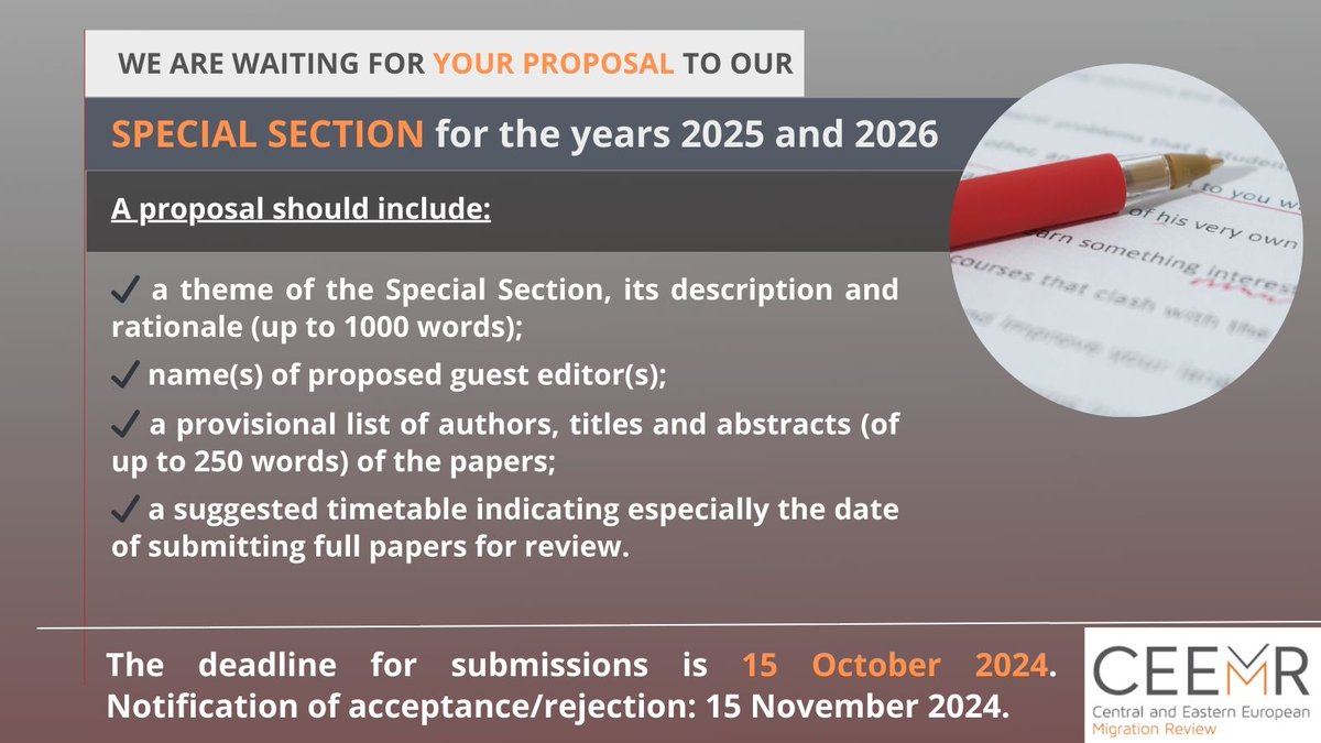 Inspired by the fruitful discussions during the <a href="/IMISCOE/">IMISCOE</a> conference, we're announcing a call for special section proposals open for all researchers working on studies concerning CEE. The section should contain 4-8 papers of up to 8,000 words. More info: ceemr.uw.edu.pl/news