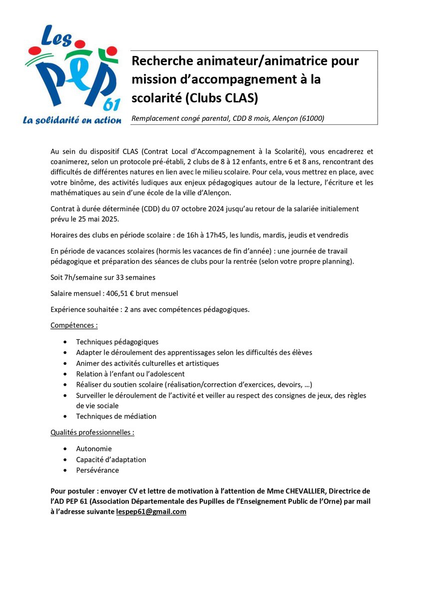Nous recrutons des animateurs pour les Club CLAS ( contrat local d'accompagnement à la scolarité) pour fin septembre. N'hésitez pas à nous contacter !!!