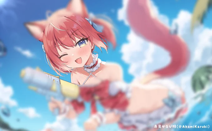 【お仕事報告】赤見かるびさん(#AkamiKarubi)の8月FANBOX壁紙を担当させていただきました～!夏らしく水着アレンジでお仕立てしてみました～!!よろしくお願いいたします#karunyart 