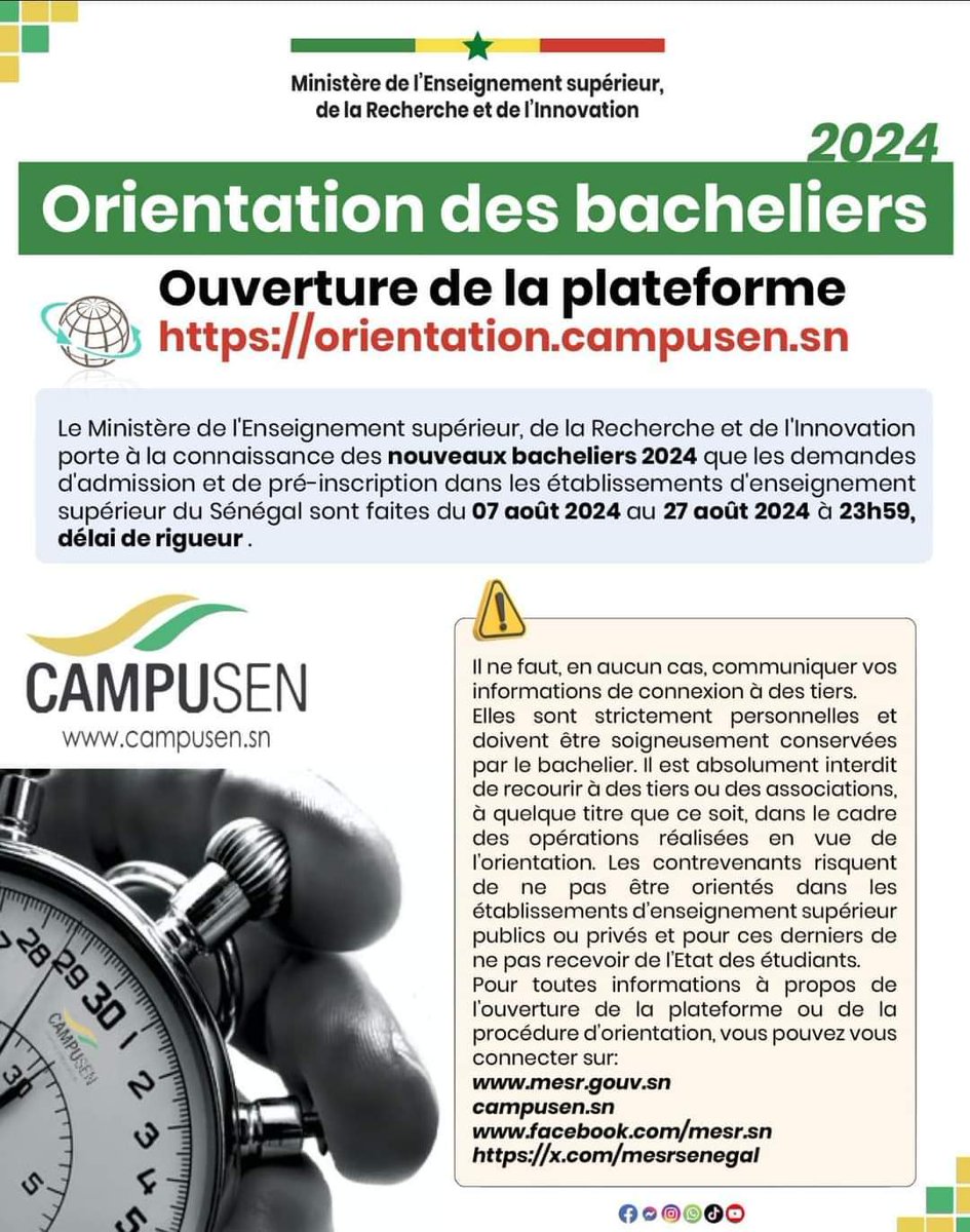 GregoireTour's tweet photo. Orientation des bacheliers 2024 !

Le MESRI porte à la connaissance des nouveaux bacheliers 2024 que les demandes d'admission et de pré-inscription dans les établissements d'enseignement supérieur du Sénégal sont faites du 07 août 2024 au 27 août 2024 à 23h59.
#senegal
#mesri https://t.co/8TKdcz2mw8