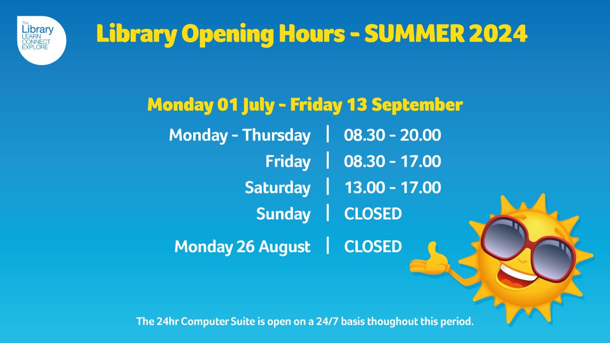 ☀️We are currently open according to our Summer Opening Hours until Friday 13th September.
Monday to Thursday: 8.30am-8pm
Friday: 8.30am-5pm
Saturday: 1pm-5pm.
Sunday: CLOSED
Bank Holiday Monday 26th: CLOSED.
Check our Opening Hours daily on our website.
library.hud.ac.uk