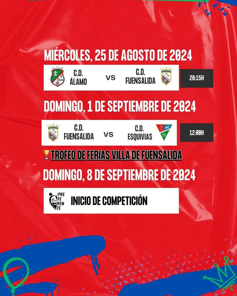 CDFuensalida's tweet photo. Comenzamos nueva semana de preparación para el campeonato liguero 💪💪

Aquí van los horarios de los amistosos para nuestra puesta a punto.

Nos enfrentamos a ⬇️⬇️⬇️

- CD CAZALEGAS y CD ÁLAMO,  de 3⁰ RFEF.
- MÓSTOLES URJC B y AD PARLA de 1⁰ Preferente Madrid https://t.co/VS964bxMDG