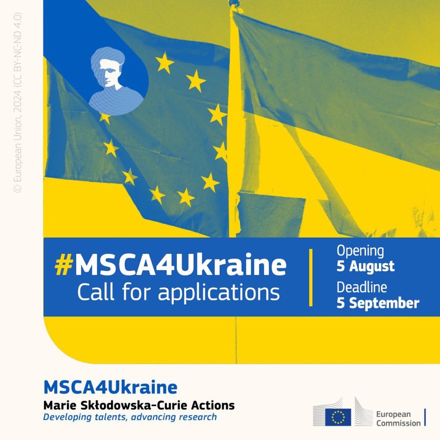 📣The second #MSCA4Ukraine call for applications is out! 

We will assist displaced Ukrainian researchers &amp; the 🇺🇦research community with an additional EUR 10 million!🇪🇺

Apply with your host organisation until 5/9/24📆

ℹ️➡️ europa.eu/!vjf8DY sareurope.eu/msca4ukraine/i…