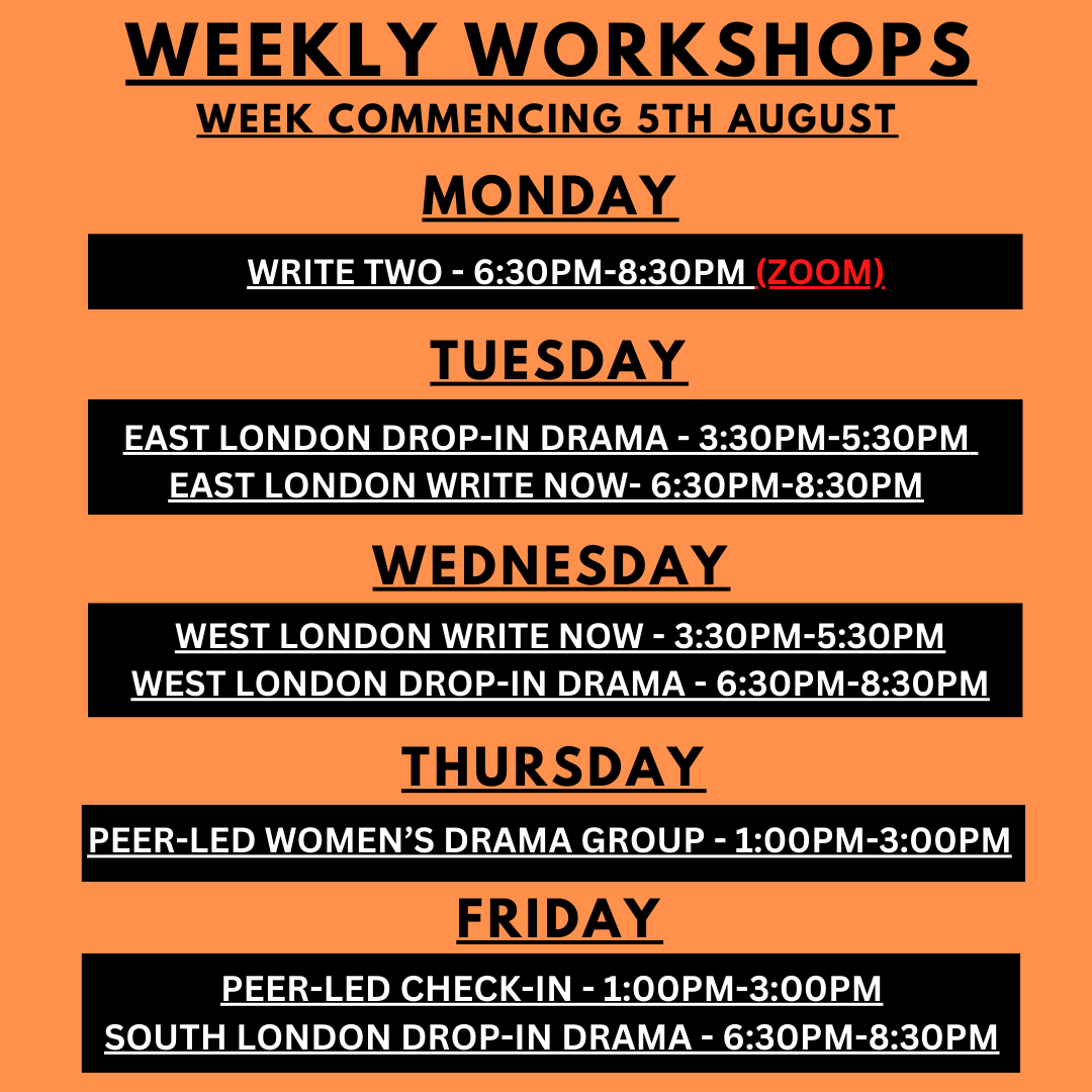 OutsideTheatre's tweet photo. OETC's schedule for w/c 5/8/24!
New to OE? Sign up using the link in bio🔗
See you soon!
#TheatreWorkshops #LondonTheatre #PerformingRecovery #DramaClass #FreeActivity #AddictionSupport #SoberCommunity #Writingworkshop https://t.co/NS9ROrMs92