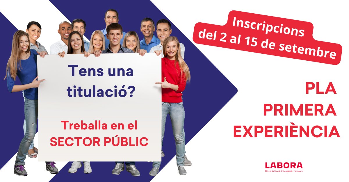 GVAlabora's tweet photo. 🔝#Labora selecciona➕de 100 persones titulades👩🏻🎓🧑🏻🎓 menors de 30 anys per a treballar en el #SectorPúblic com primera experiència💼
📢Inscriu-te del 2 al 15 de setembre en #puntlabora
👩💻Consulta les titulacions sol·licitades🔎
ℹ️ Info: https://t.co/b1b4crukf0
#SomLabora https://t.co/SaSqdMHzfU