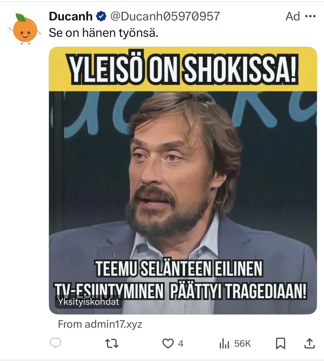 Ollaan tarkkana huijauksien kanssa! X:ssä pyörii aktiivisesti mainos <a href="/TeemuSel8nne/">Teemu Selanne</a> kuvalla, joka johtaa <a href="/iltalehti_fi/">Iltalehti</a> näköiselle sijoitushuijaussivustolle. Ping myös <a href="/CERTFI/">Traficomin Kyberturvallisuuskeskus</a> Tili rapsattu myös X:lle, katsotaan katoaako se.