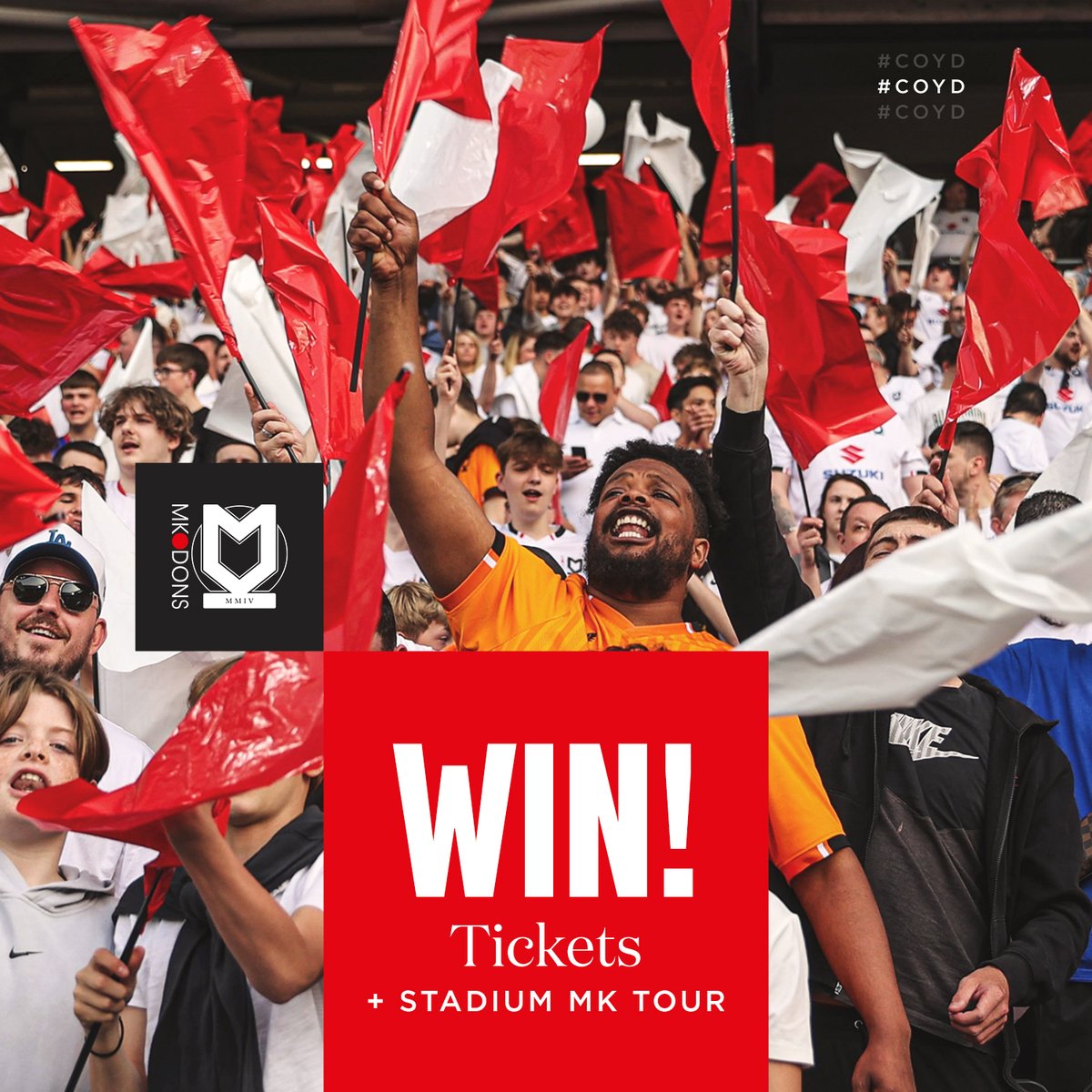 DestinationMK's tweet photo. Win a Family Ticket + Stadium Tour to celebrate the 𝗡𝗘𝗪 season @Stadium_MK !🔴 

@MKDonsFC kick off their season on Saturday and want 𝗬𝗢𝗨 to join the excitement as they celebrate their 20th birthday! ⚽️

Just RT for a chance to win (comp running on other social channels). https://t.co/5d6cvG35sE