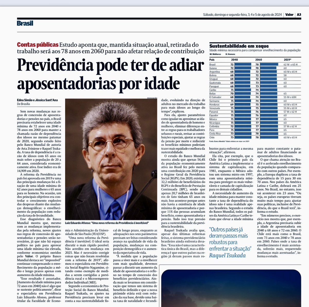 Estudo do Banco Mundial aponta que, mantida situação atual, retirada do trabalho será aos 78 anos em 2060 para não afetar relação de contribuição. ⁦<a href="/ednasima/">Edna Simão</a>⁩ ⁦<a href="/j_santana06/">Jéssica Sant'Ana</a>⁩ Recomendo <a href="/pfnery/">Pedro Fernando Nery</a> ⁦<a href="/_robertomotta/">Roberto Motta</a>⁩ <a href="/reztirps/">Andre Spritzer</a> <a href="/rvitoria/">Rafaela Vitoria</a> ⁦<a href="/elenalandau2/">elena landau ★彡🖤🤍🖤🤍</a>⁩ <a href="/BrunoCarazza/">Bruno Carazza</a>