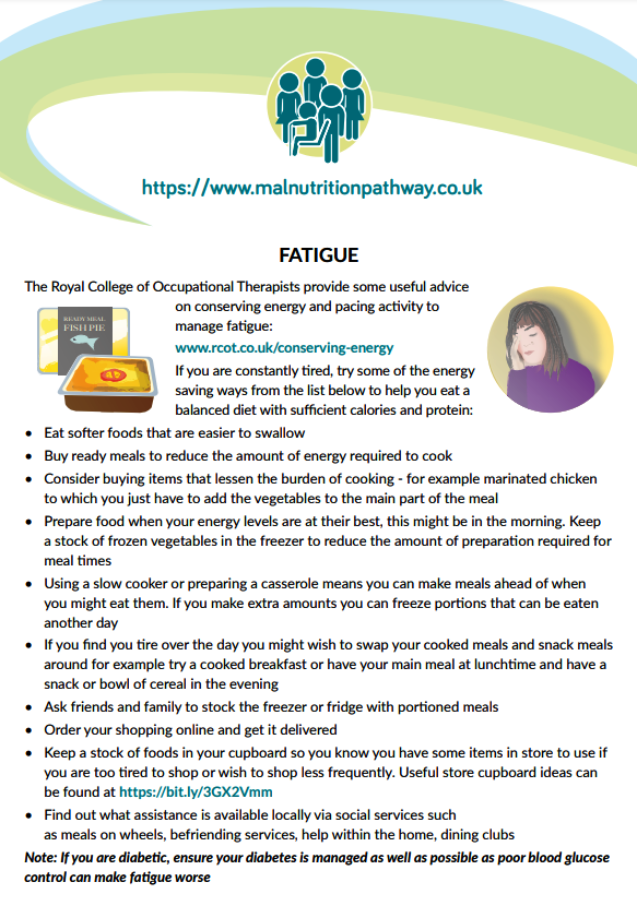 Our August resource of the month is our Fatigue information sheet: bit.ly/3dVS6r0  This includes tips for individuals, who are malnourished or at risk of malnutrition but who are constantly tired, on how to try to maintain a balanced diet with sufficient calories and