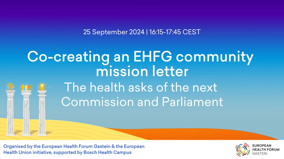European Health Union Initiative (@ehuinitiative) on Twitter photo Help shape the future of health in Europe! 🌍 Join <a href="/GasteinForum/">GasteinForum</a> & the <a href="/EHUInitiative/">European Health Union Initiative</a> at the #EHFG2024 for an exclusive in-person session on 25 Sept to co-create a mission letter for the new EU Commission & Parliament. 🤝
➡️ buff.ly/4faGkV3
@RBIG_BHC #HealthUnion Help shape the future of health in Europe! 🌍 Join <a href="/GasteinForum/">GasteinForum</a> & the <a href="/EHUInitiative/">European Health Union Initiative</a> at the #EHFG2024 for an exclusive in-person session on 25 Sept to co-create a mission letter for the new EU Commission & Parliament. 🤝
➡️ buff.ly/4faGkV3
@RBIG_BHC #HealthUnion