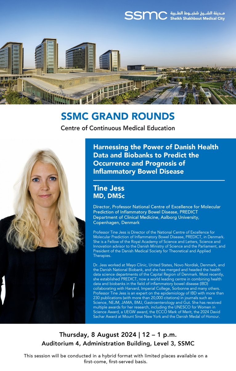 Nabil Quraishi (@nabilquraishi) on Twitter photo Incredibly honored to be hosting Professor Tine Jess at SSMC for an enlightening talk on “Harnessing the Power of Danish Health Data and Biobanks to Predict the Occurrence and Prognosis of Inflammatory Bowel Disease" later this week. <a href="/DrTineJess/">Tine Jess</a> <a href="/PREDICTIBD/">PREDICT IBD</a> <a href="/SSMCAbuDhabi/">Sheikh Shakhbout Medical City</a> #IBDepi Incredibly honored to be hosting Professor Tine Jess at SSMC for an enlightening talk on “Harnessing the Power of Danish Health Data and Biobanks to Predict the Occurrence and Prognosis of Inflammatory Bowel Disease" later this week. <a href="/DrTineJess/">Tine Jess</a> <a href="/PREDICTIBD/">PREDICT IBD</a> <a href="/SSMCAbuDhabi/">Sheikh Shakhbout Medical City</a> #IBDepi