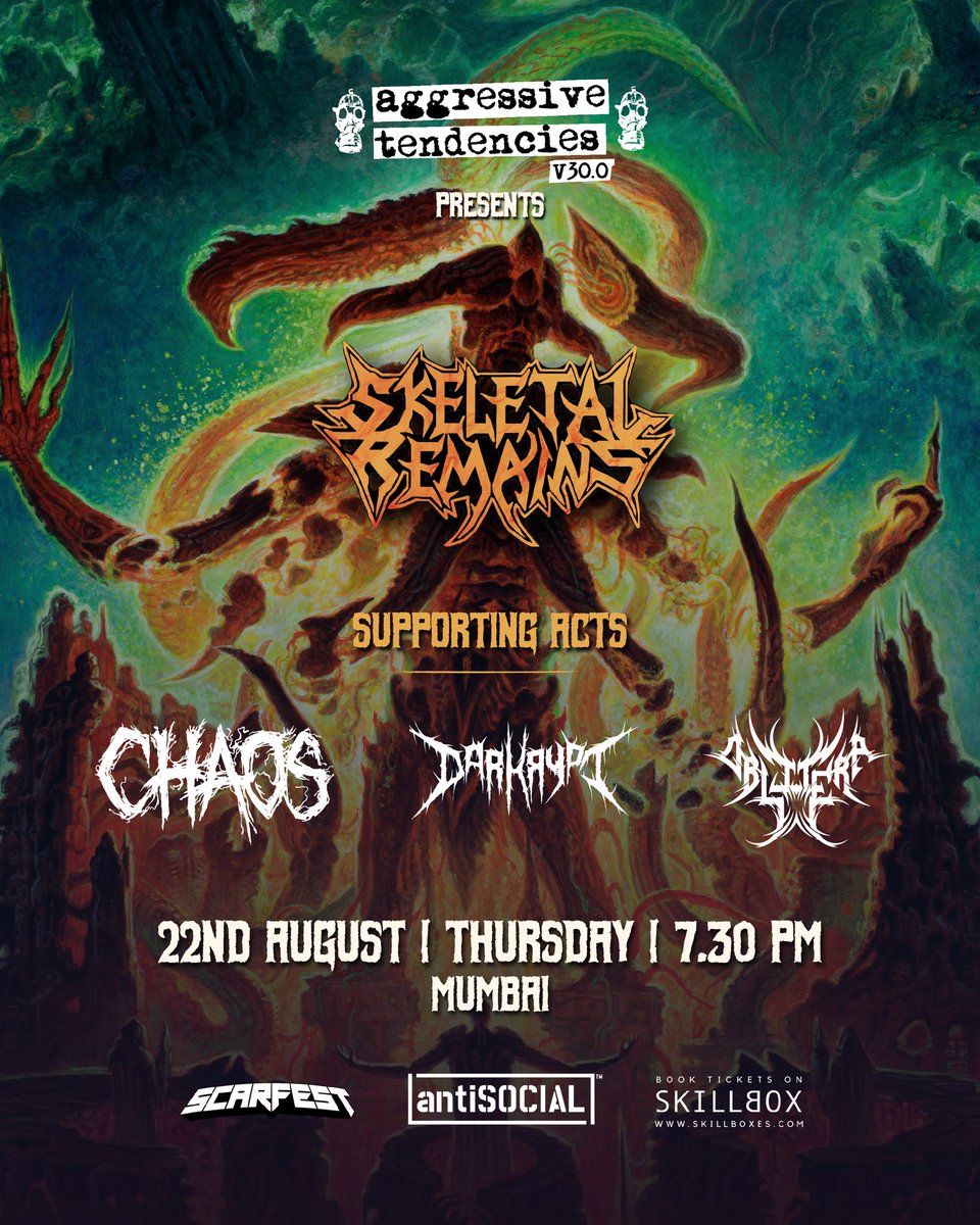 Phase two tickets now live! Playing in Mumbai after almost 7 years, supporting <a href="/s_remains/">skeletalremainsofficial</a> on Aug 22! Get your tickets from

skillboxes.com/events/aggress…