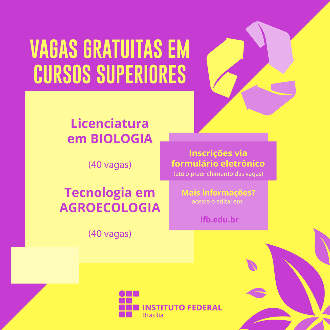 🌱O IFB Campus Planaltina está com oportunidades gratuitas para você alcançar novas conquistas nas áreas de Biologia e Tecnologia em Agroecologia.
Acesse ifb.edu.br/planaltina/388…