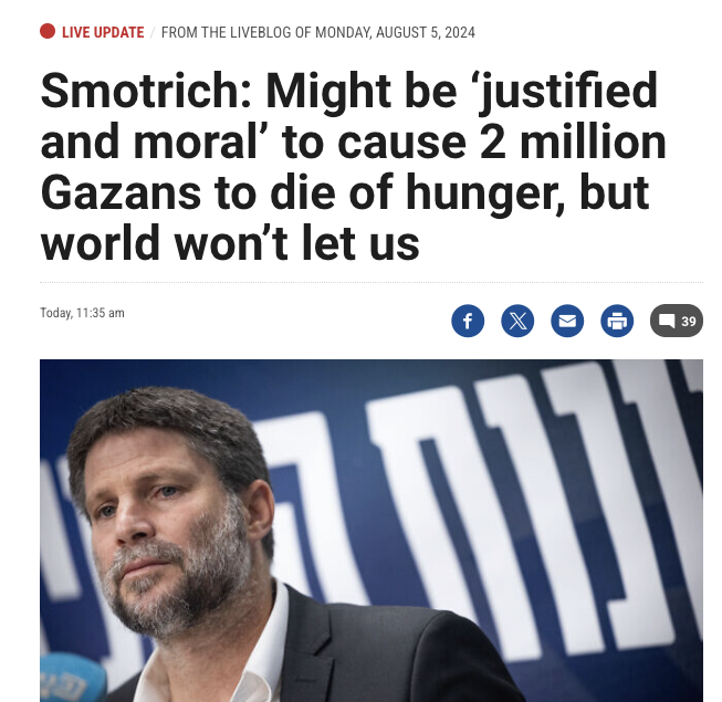 MarioNawfal's tweet photo. 🇮🇱ISRAELI MINISTER:  WE SHOULD LET GAZA STARVE... BUT WE CAN'T

Bezalel Smotrich:

“It may be justified to cause 2 million people to starve to death, but we are not allowed to do that because of the international constraints.”

Sources: The Times of Israel