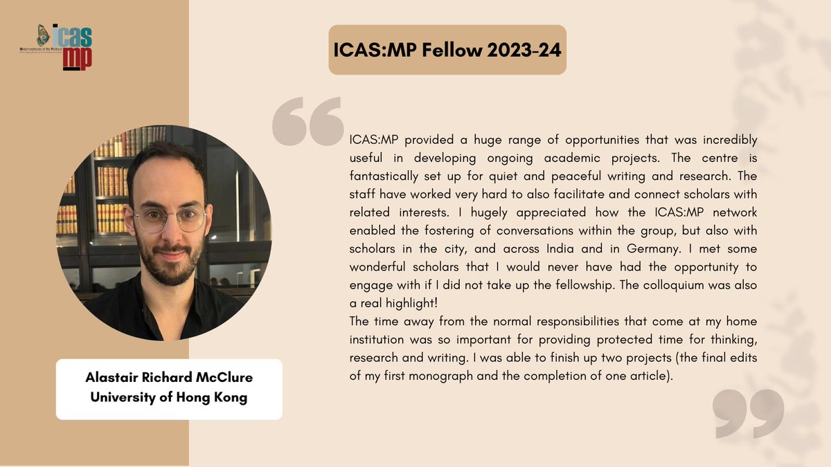 icas_mp's tweet photo. 🌟 Hear from our fellows! 🌟
@AlastairMcclure from @HKUniversity shares his insightful feedback on the ICAS:MP fellowship programme.
📢 Check out the ongoing call for applications: https://t.co/YeFJeS4KSK
#Research #Fellowship #ICASMP https://t.co/wcvMWLiTZ8