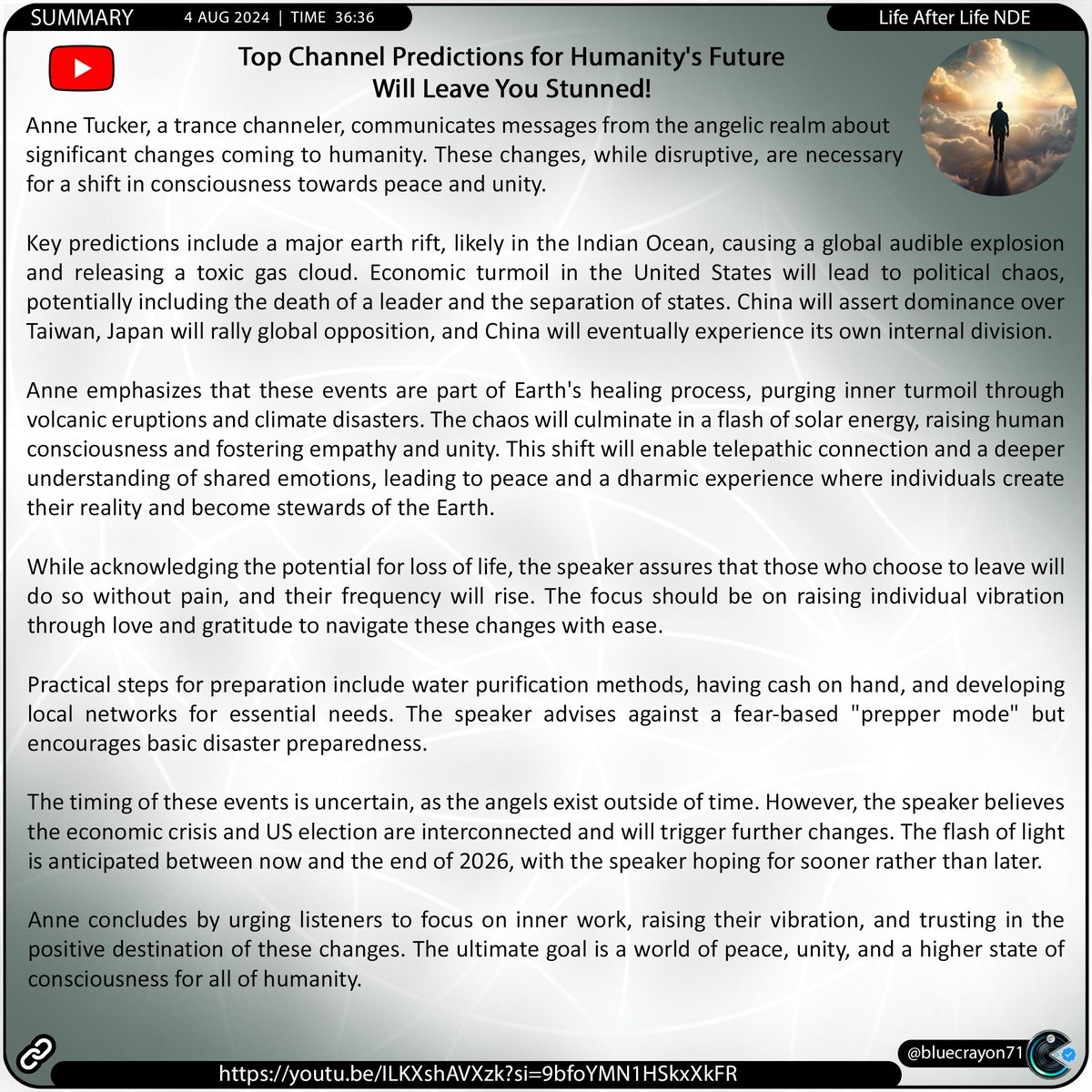 bluecrayon71's tweet image. Top Channel Predictions for Humanity&apos;s Future  Will Leave You Stunned!  

🔗youtu.be/ILKXshAVXzk?si…

#angelicrealm #earthchanges #shiftinconsciousness #humanitysfuture #globalpredictions #spiritualawakening #unityconsciousness #preparingforchange