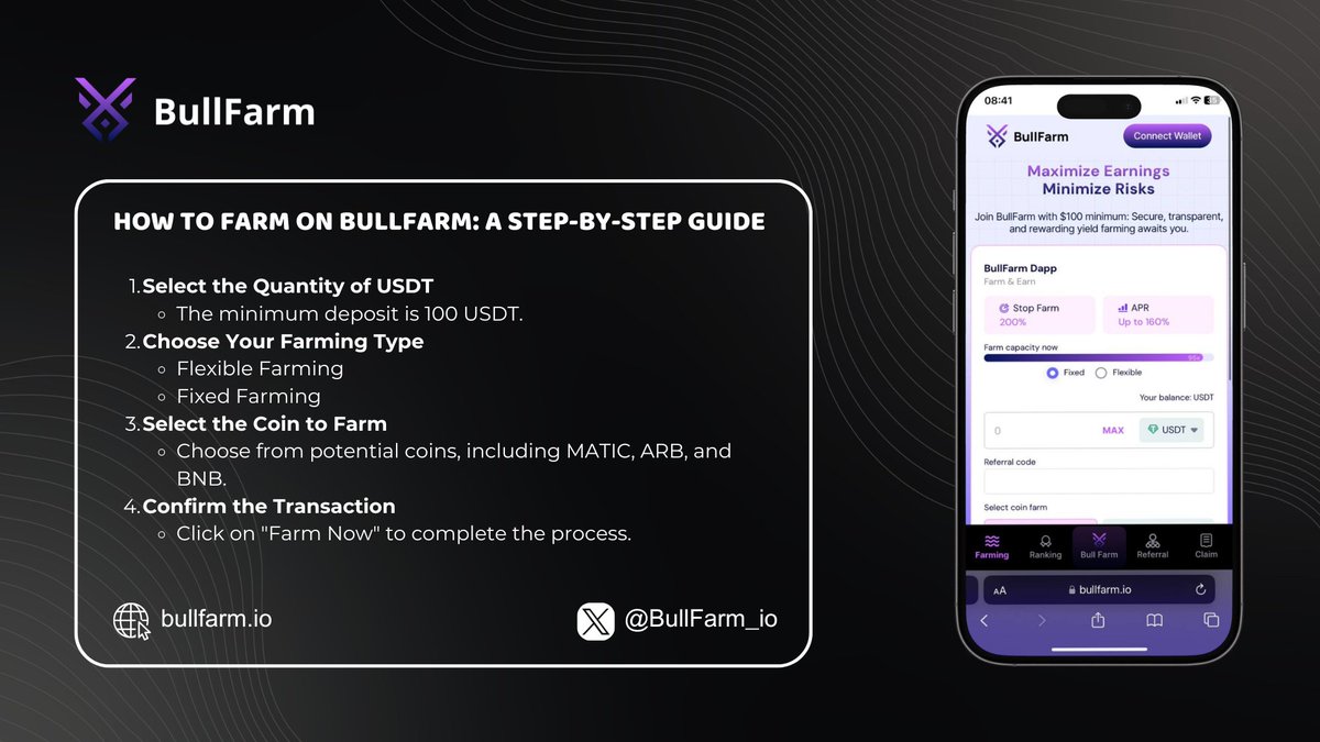 BullFarm_io's tweet photo. How to Farm on BullFarm: A Step-by-Step Guide
#BullFarm offers an extraordinary opportunity to farm potential coins like $MATIC, $ARB, $BNB, and $ETH with impressive APRs of up to 160%.
Follow this simple guide to start farming on BullFarm and begin your journey to financial growth: 👇